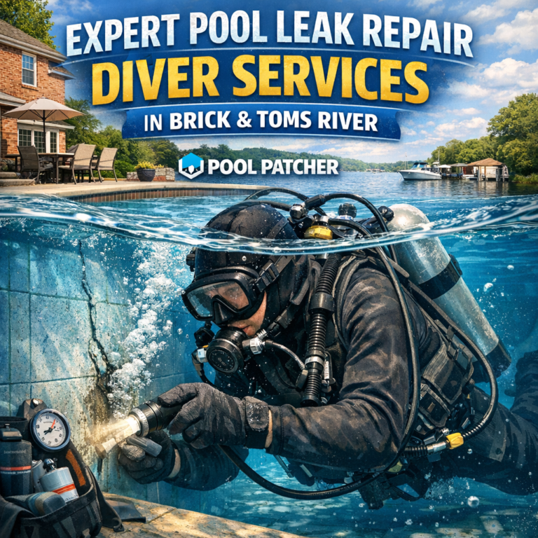 A diver wearing gear inspects a pool underwater for leak repair services.