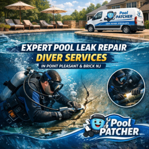 A diver repairs a pool leak underwater with specialized tools in Point Pleasant, NJ.