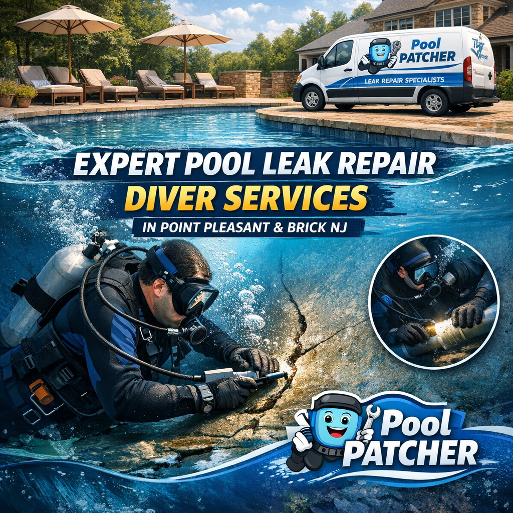 A diver repairs a pool leak underwater with specialized tools in Point Pleasant, NJ.