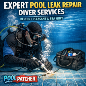 Diver in a pool inspecting and repairing underwater pipes for leak repair services.
