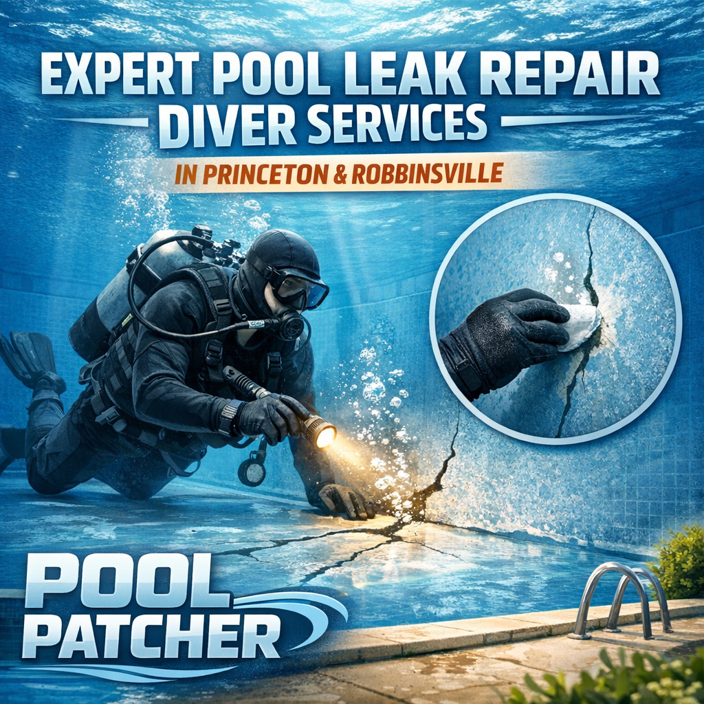 Professional diver inspecting and repairing a swimming pool leak underwater in Princeton.