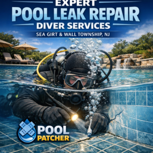 Diver in wetsuit inspecting underwater pool for leak repair in Sea Girt and Wall Township, NJ.