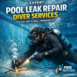 Diver in pool gear inspecting underwater pool area for leak repair in Sea Girt and Wall Township, NJ.