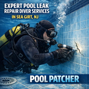 Expert diver repairing an underwater pool leak in Sea Girt, NJ, wearing full scuba gear.