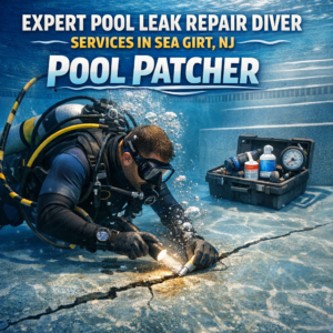 Underwater diver repairing a pool leak with patches in Sea Girt, NJ pool.