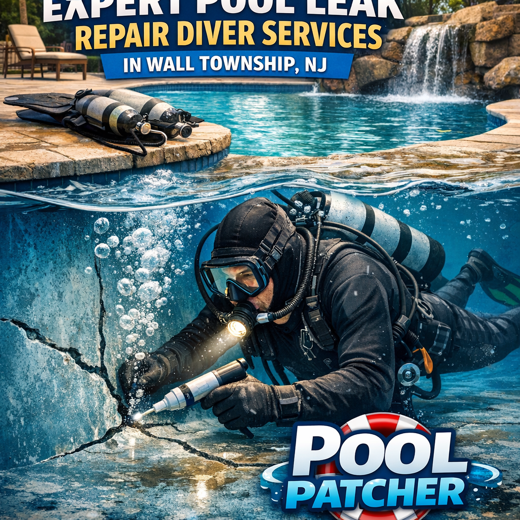 Professional diver repairing pool leak underwater in Wall Township, NJ, fixing cracks with specialized equipment.