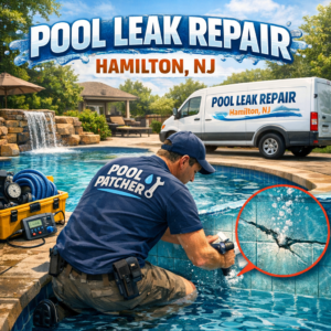 Expert technicians repairing an inground pool leak with specialized tools in Hamilton, NJ.