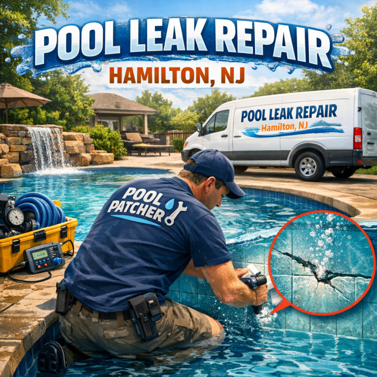 Expert technicians repairing an inground pool leak with specialized tools in Hamilton, NJ.