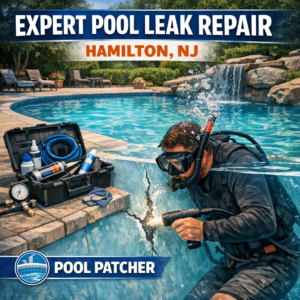 Technician repairing a pool leak with specialized tools at an outdoor pool in Hamilton, NJ.