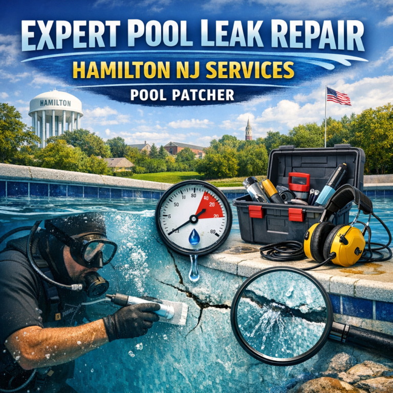 Technician applying a patch to a residential pool wall to repair a leak in Hamilton, NJ.