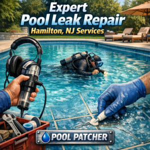 Technician repairing a pool leak with a patch, showcasing expert pool leak repair services in Hamilton, NJ.