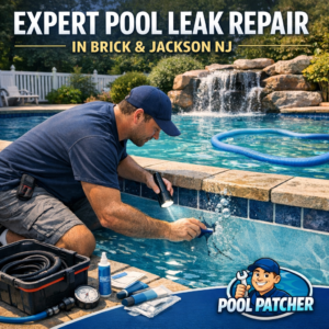 Technician repairing a swimming pool leak, using professional tools in Brick and Jackson, NJ.