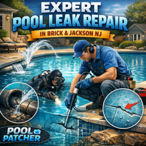 Technician repairing a pool leak using specialized equipment in a residential backyard in Brick and Jackson, NJ.