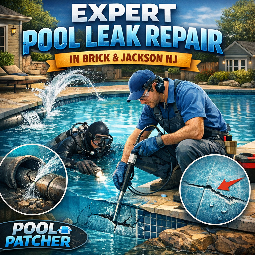 Technician repairing a pool leak using specialized equipment in a residential backyard in Brick and Jackson, NJ.