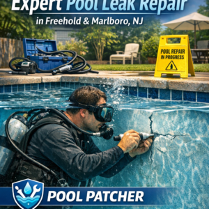 Technician repairing a pool leak with tools near a residential pool in Freehold or Marlboro, NJ.