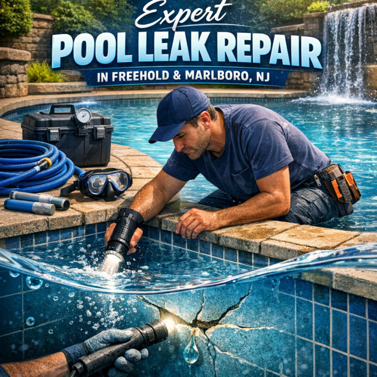 Technician inspecting and repairing a pool leak using specialized tools near the pool edge.