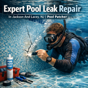 Underwater pool leak repair in Jackson and Lacey, NJ using Pool Patcher epoxy by an expert technician.