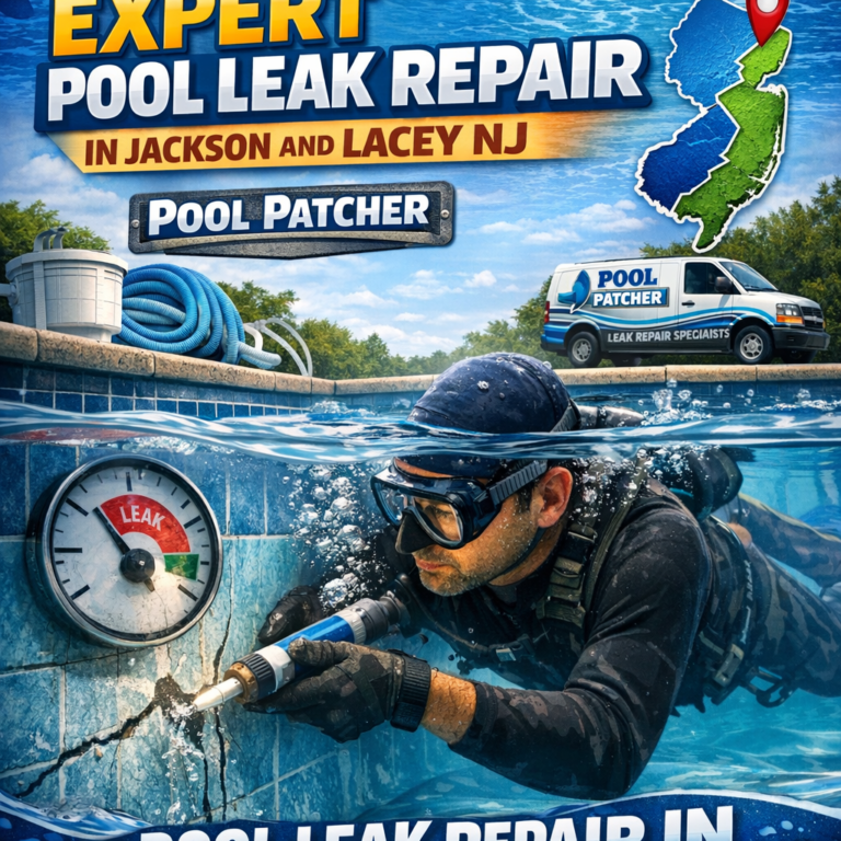 Technician repairing a pool leak with tools beside a backyard pool in Jackson and Lacey, NJ.