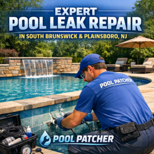 Technician repairing a pool leak with specialized equipment at an outdoor pool in South Brunswick, NJ.