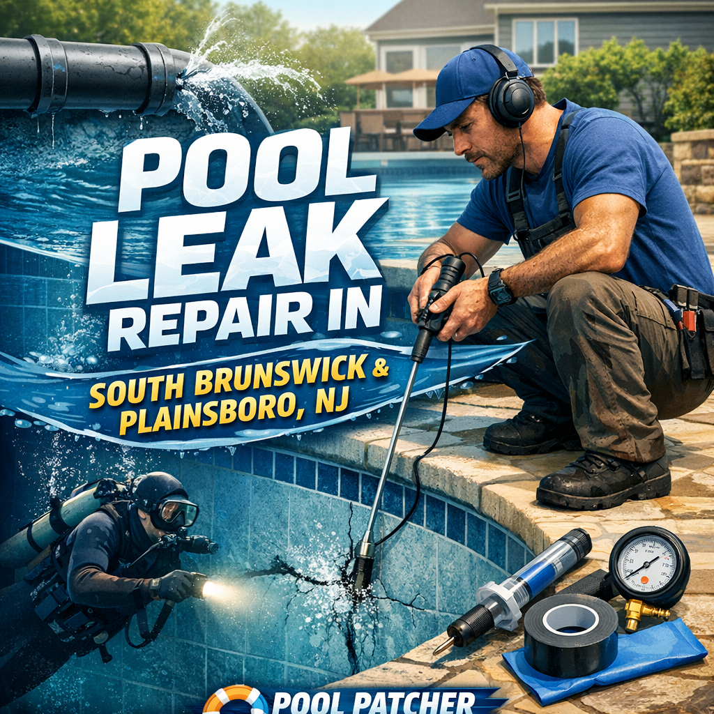 Technician repairing a pool leak with specialized equipment in a residential backyard in South Brunswick, NJ.