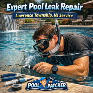 Technician inspecting and repairing a pool leak with specialized equipment near a pool in Lawrence Township, NJ.