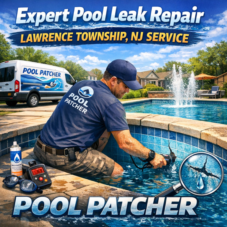 Technician repairing a residential pool leak with specialized equipment in Lawrence Township, NJ.
