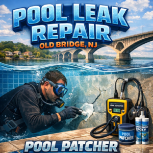 Technician underwater patches a pool leak using specialized equipment in Old Bridge, NJ.