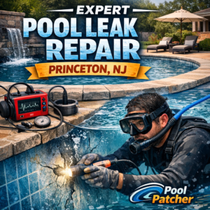Technician repairing a pool leak with specialized equipment at a residential backyard pool in Princeton, NJ.