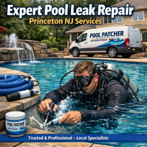 Technician repairing a pool leak with specialized tools and equipment at a residential pool in Princeton, NJ.