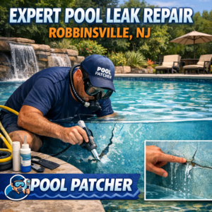 Technician repairing a swimming pool leak using specialized equipment in Robbinsville, NJ.