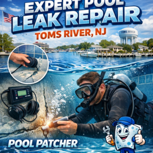 Technician performing underwater pool leak inspection and patching in Toms River, NJ pool.