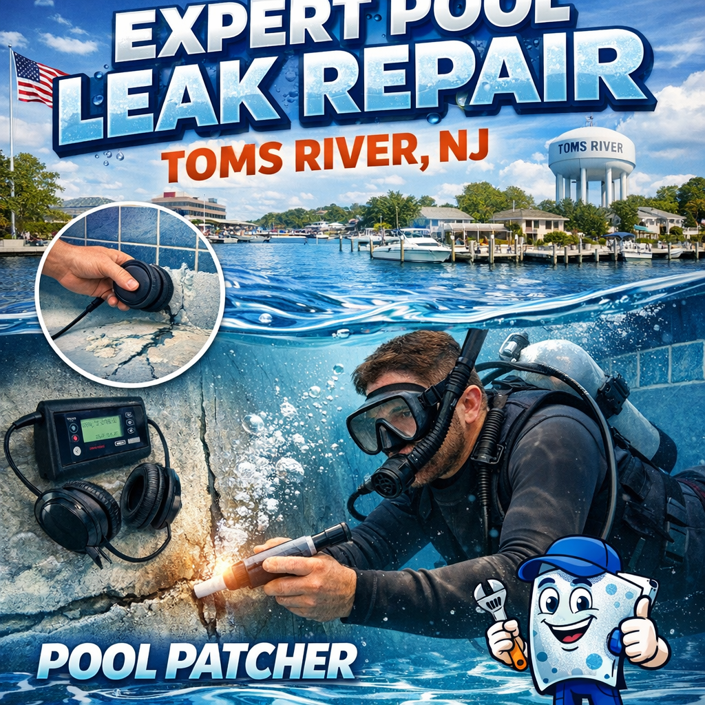 Technician performing underwater pool leak inspection and patching in Toms River, NJ pool.