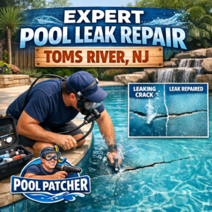 Technician repairing a pool leak with specialized equipment in a residential backyard in Toms River, NJ.