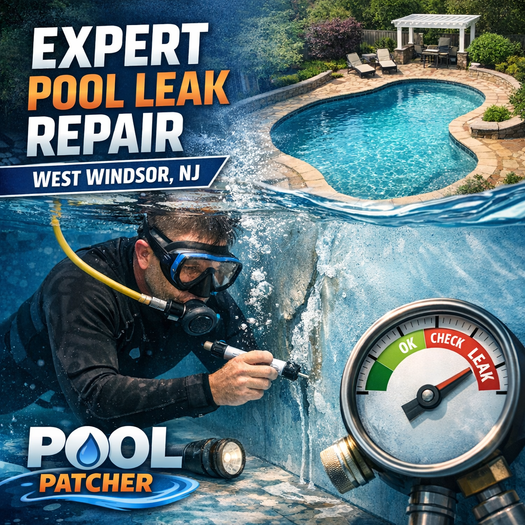 Technician repairing a pool leak, wearing gloves and using tools by a pool in West Windsor, NJ.
