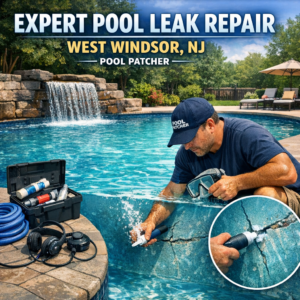 Professional fixing a pool leak with repair tools, ensuring water tightness in West Windsor, NJ pool.