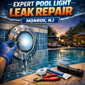 Technician repairing a pool light leak using specialized tools in a residential pool in Monroe, NJ.