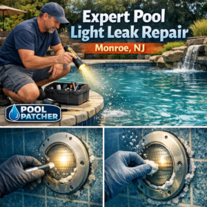 Close-up of a pool light with visible water leak being repaired by a professional in Monroe, NJ.