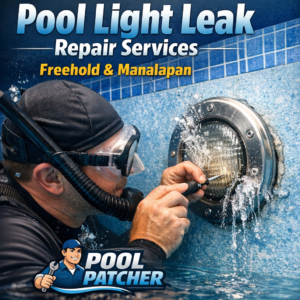Technician repairing a pool light leak underwater with specialized equipment.