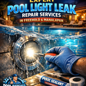 Technician repairing underwater pool light with waterproof sealant in a residential pool.