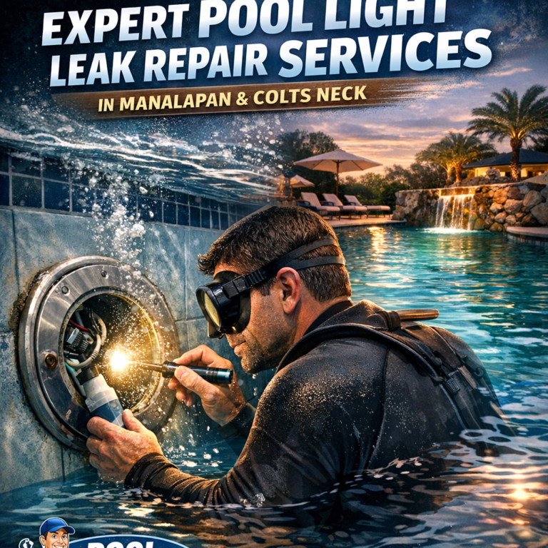 Technician repairing a pool light leak at a residential pool in Manalapan with specialized tools.
