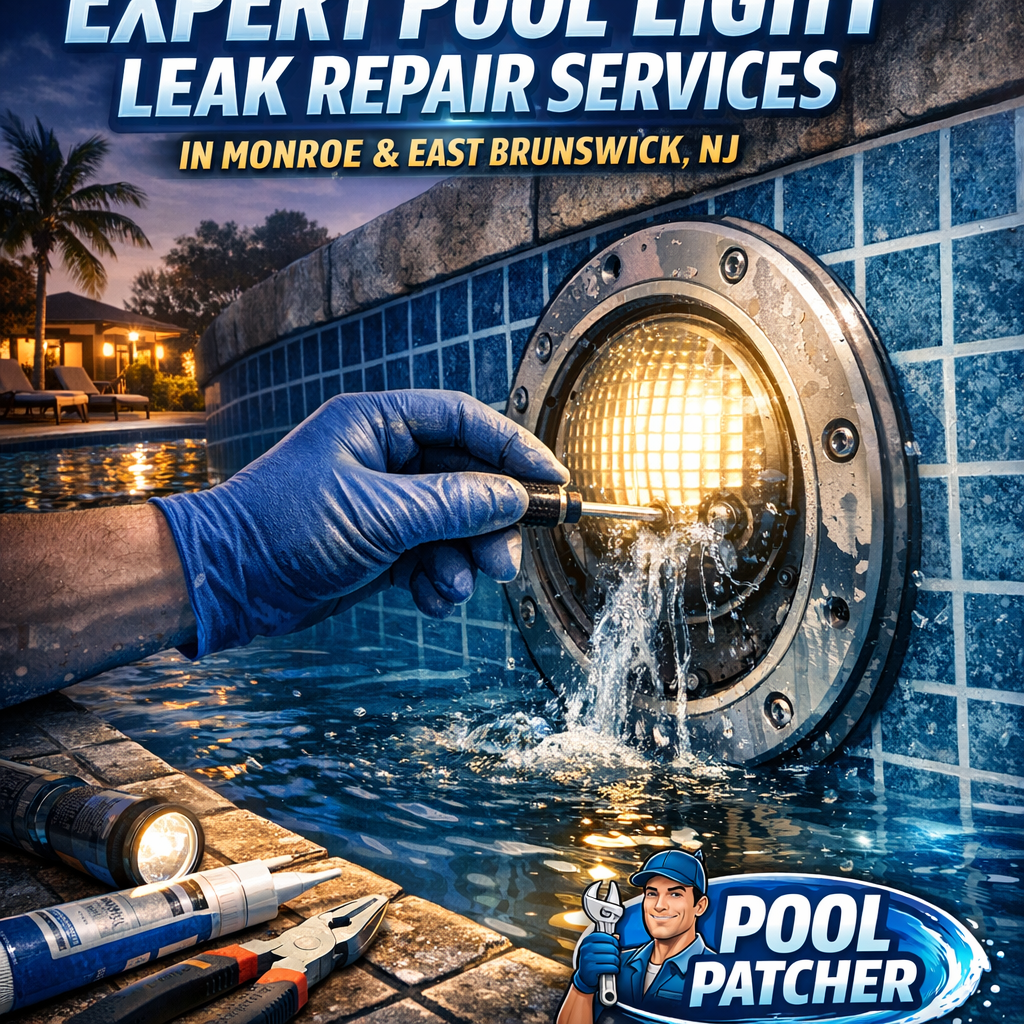 Close-up of a pool technician repairing a pool light leak with tools near the water.