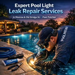 Technician repairing a pool light leak underwater with tools, ensuring safe pool lighting in Monroe and Old Bridge, NJ.