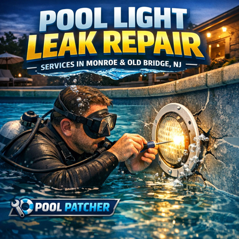 Technician repairing a pool light leak underwater with specialized tools.