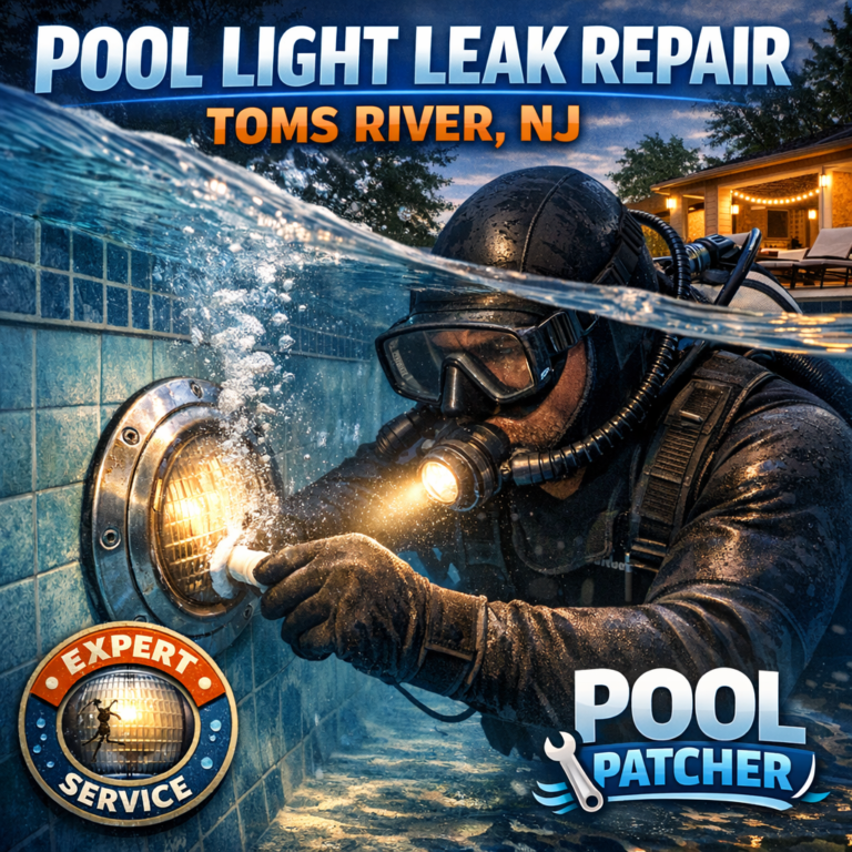 Technician repairing an underwater pool light leak using specialized tools in a clear residential pool.