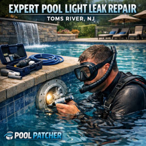 Technician repairing a pool light leak in a residential pool at night with specialized equipment.