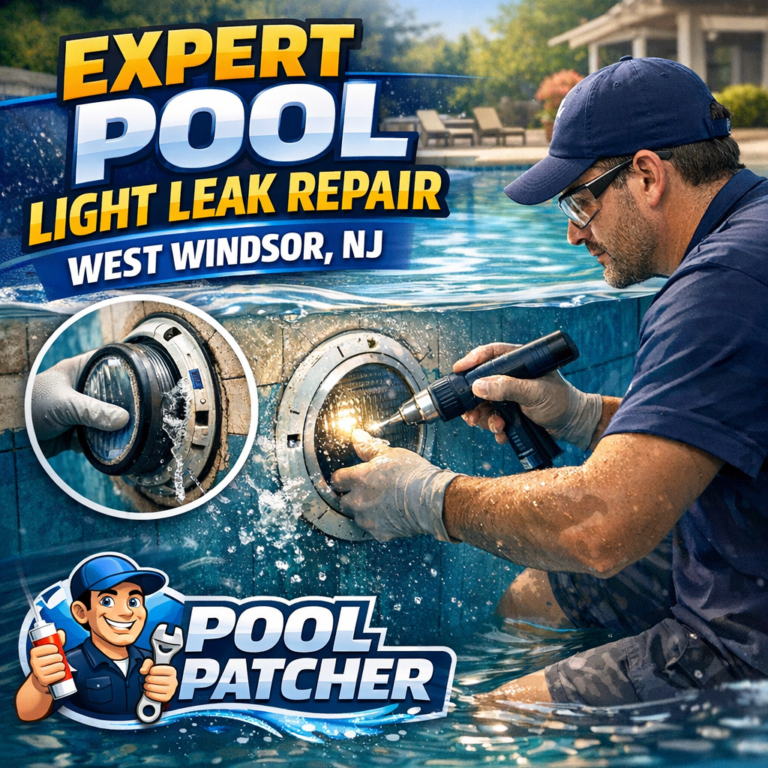 Technician repairing a pool light leak underwater with specialized equipment in a residential pool.