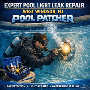 Underwater pool technician repairing a light leak in a residential pool in West Windsor, NJ.