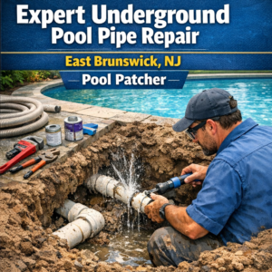 Technician repairing underground pool pipes with tools in East Brunswick, NJ for expert pool pipe repair.