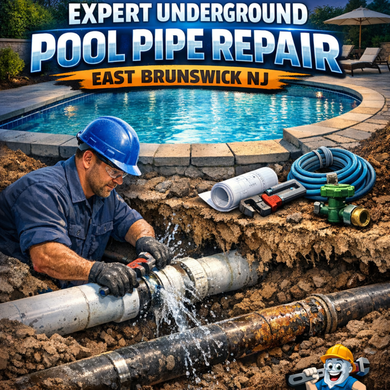 Technician repairing underground pool pipe with tools and safety gear in East Brunswick, NJ.