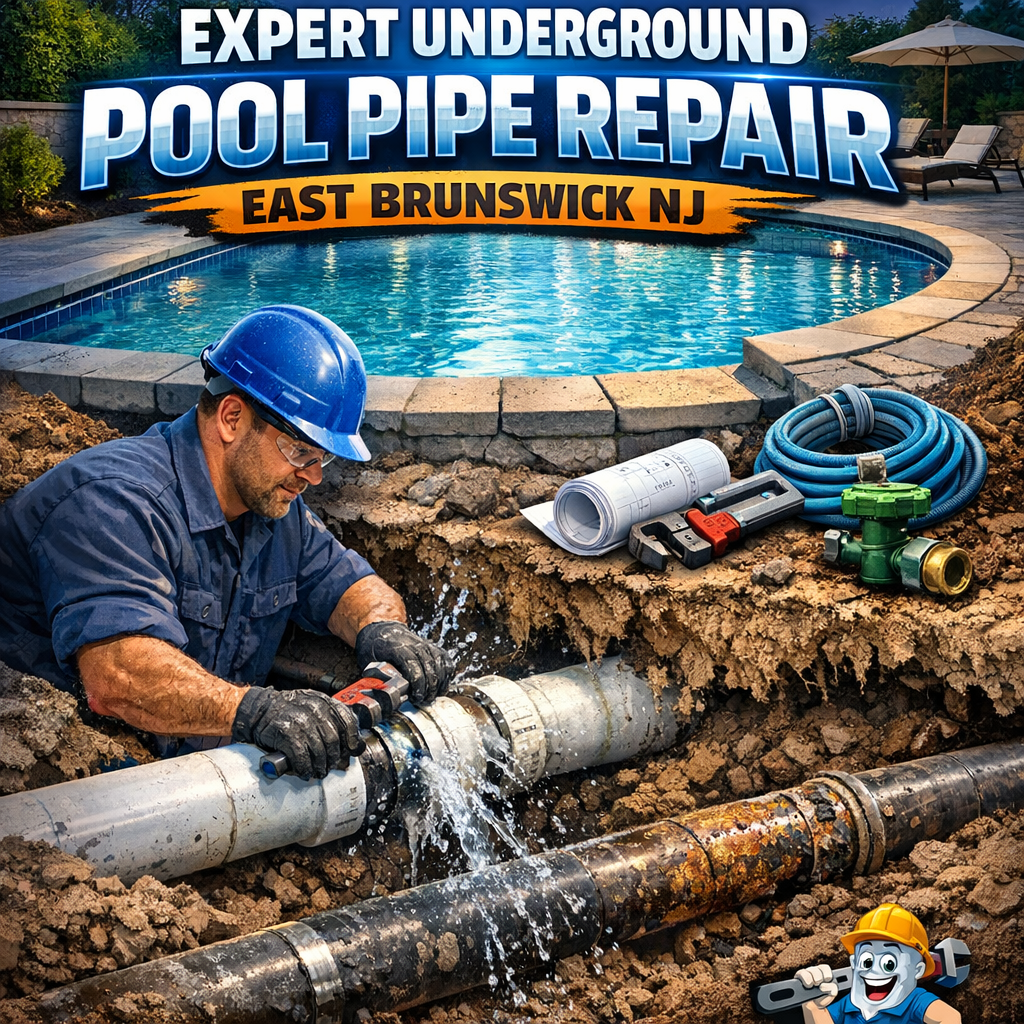 Technician repairing underground pool pipe with tools and safety gear in East Brunswick, NJ.